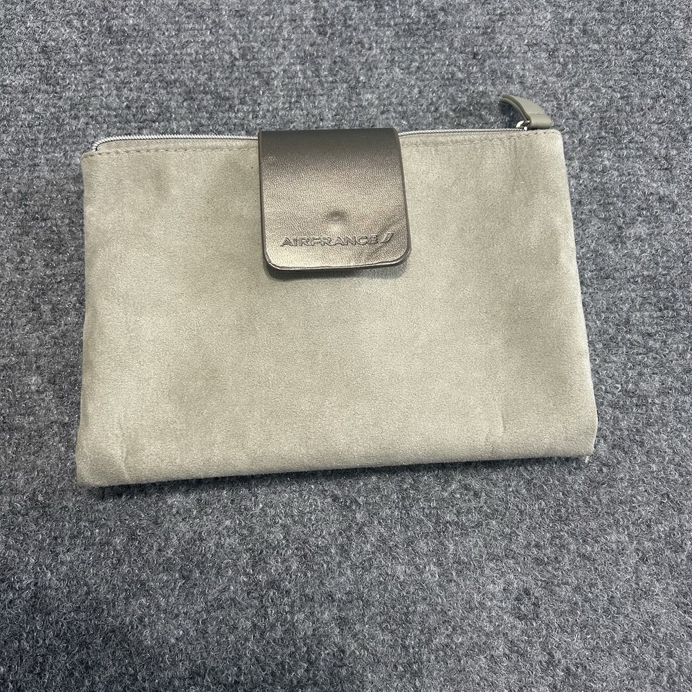 AIR FRANCE Airlines WALLET Pouch BAG Amenity Khaki suede‎ Dual ZIP